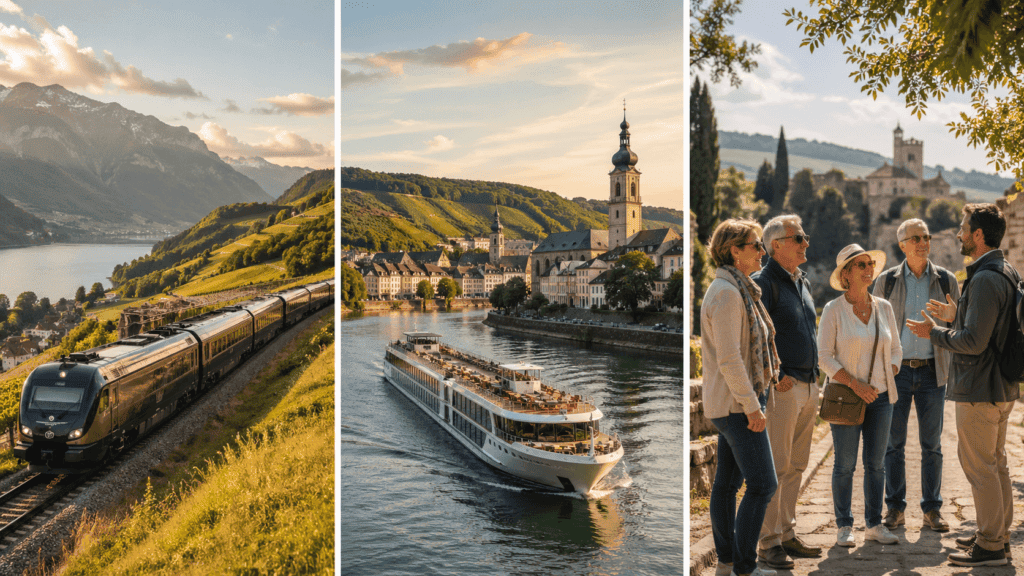 European train traveling through scenic countryside, comparing 2026 Europe travel options