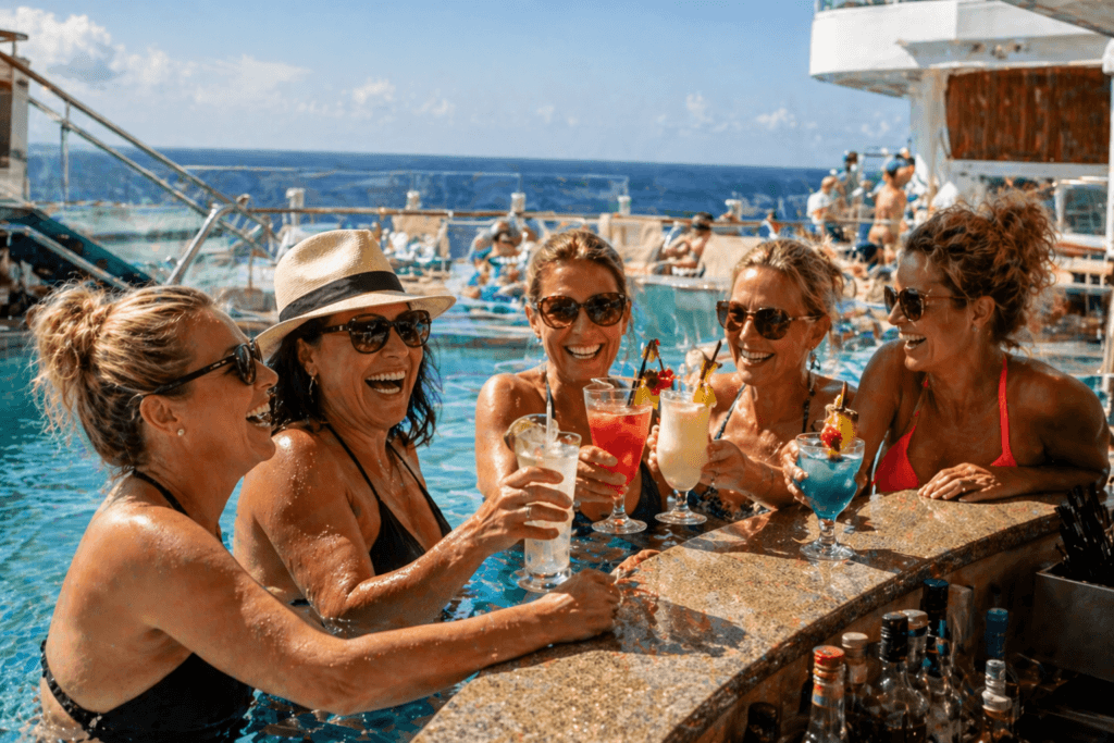 Five women laughing together on a Caribbean cruise ship deck with ocean in the background