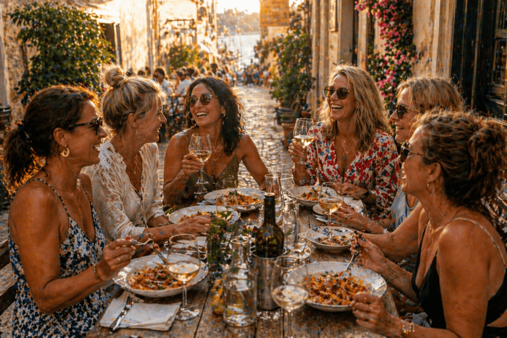 Women friends enjoying a long outdoor dinner with wine during a European land tour in Italy