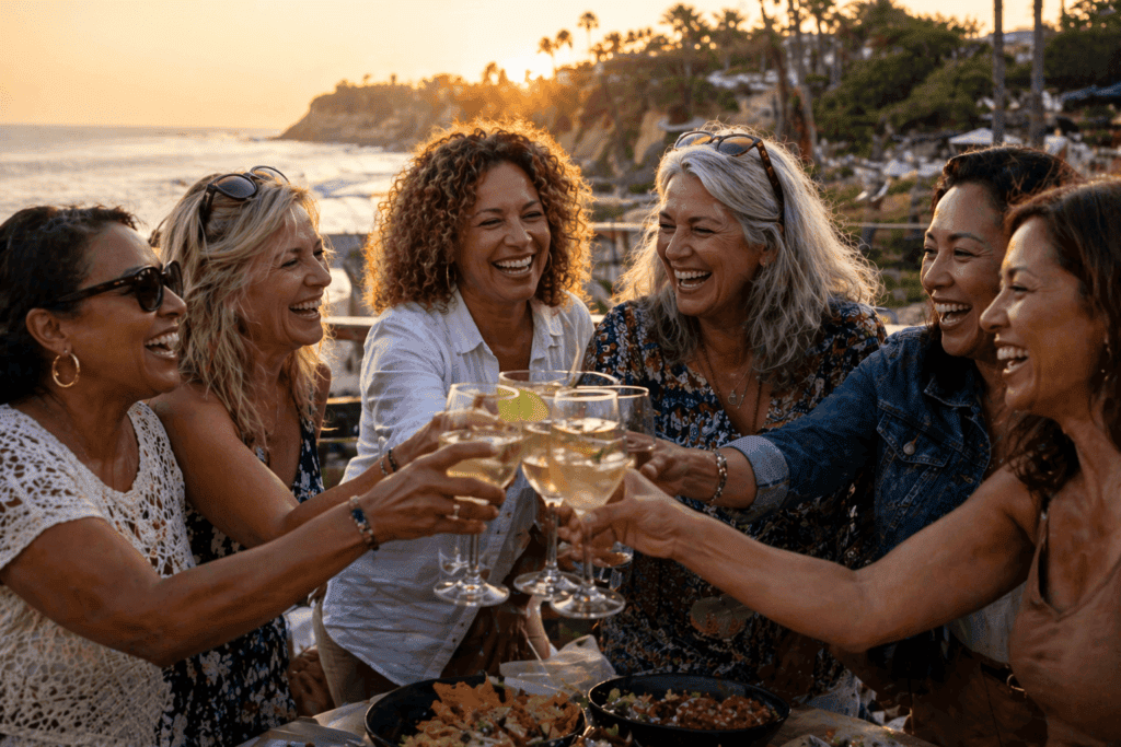 Group of women friends toasting cocktails on a beach at sunset on a girls' trip
