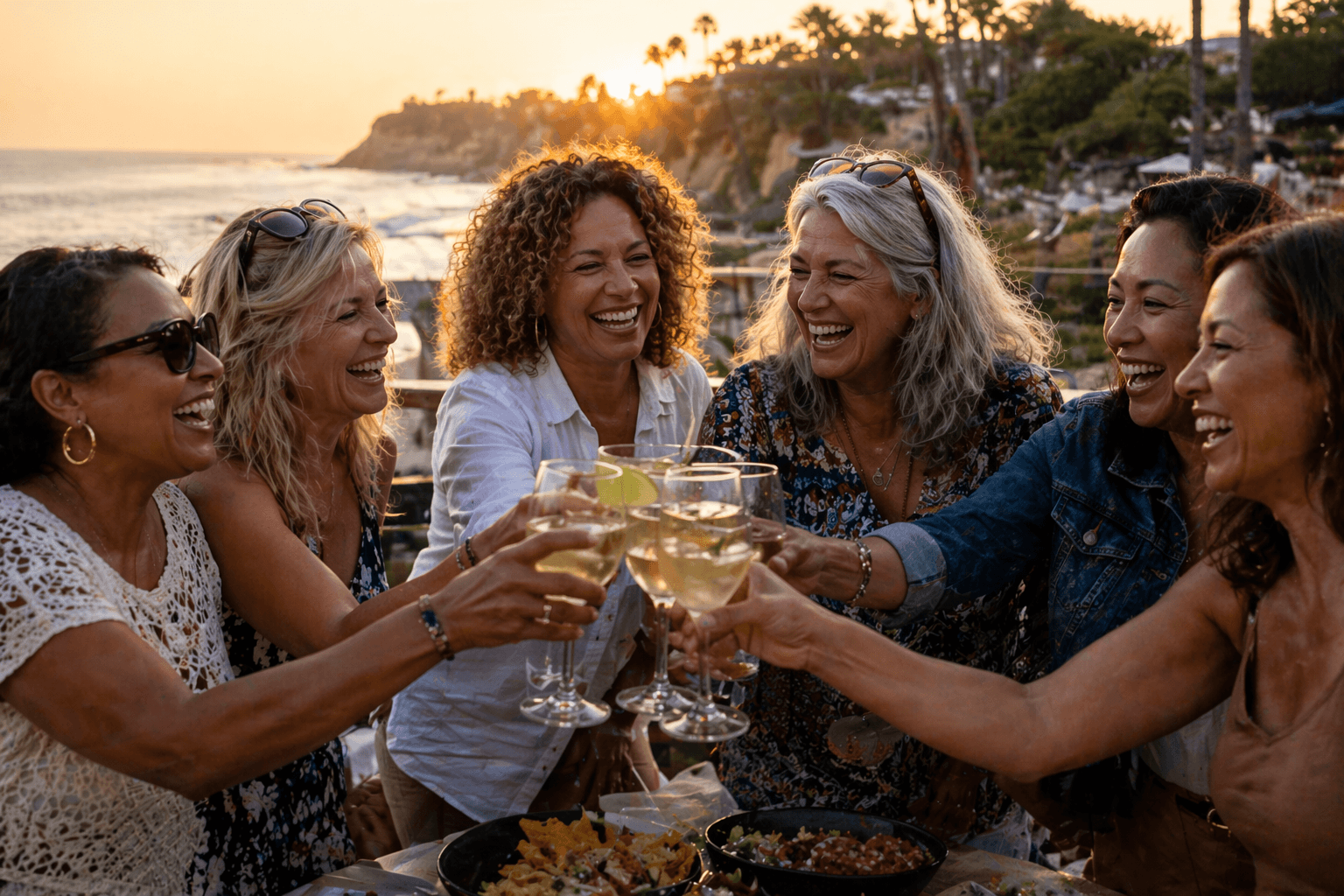 Group of women friends toasting cocktails on a beach at sunset on a girls' trip