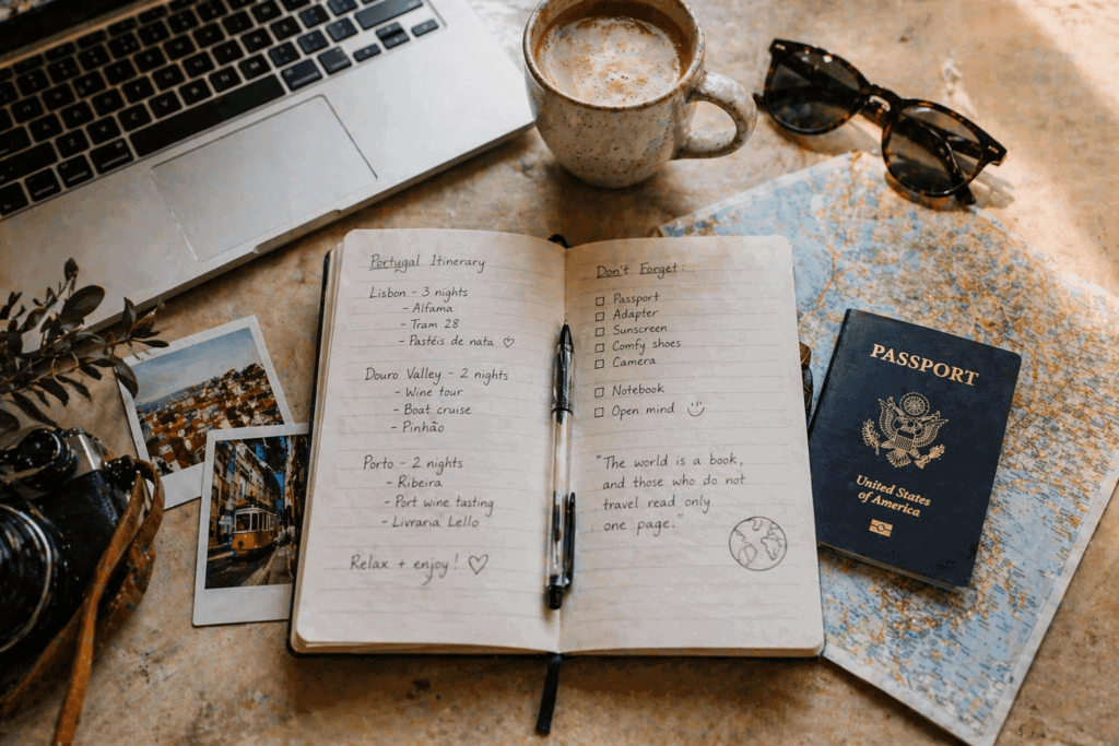 Flat-lay of a passport, notebook, coffee, and sunglasses used for girls' trip planning