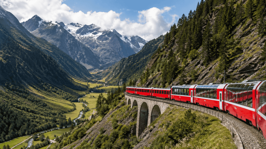 Glacier Express scenic train winding through the Swiss Alps in summer