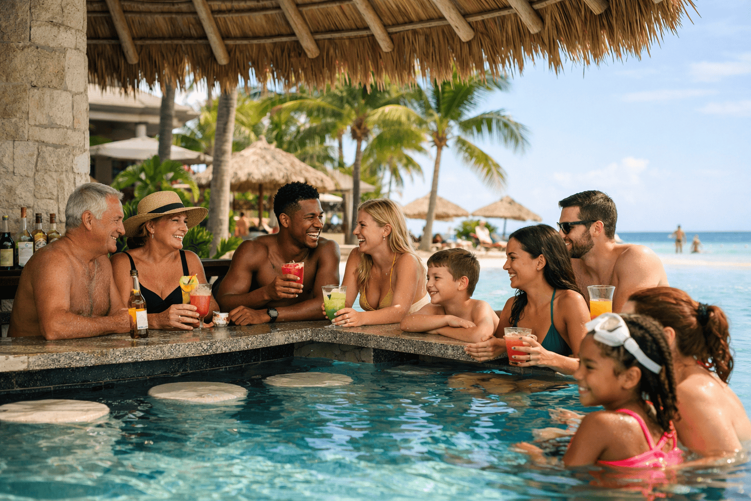 Group of friends and family enjoying a swim-up bar at a Caribbean all-inclusive resort