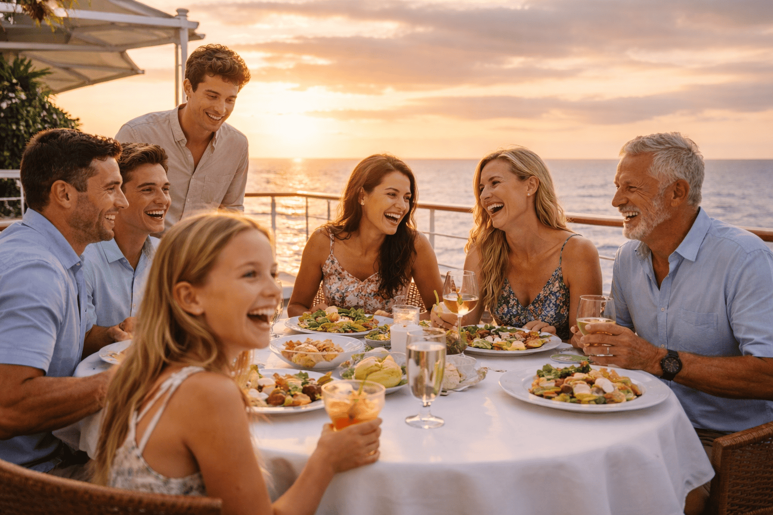 Group of friends laughing and enjoying drinks on a cruise ship deck with ocean views