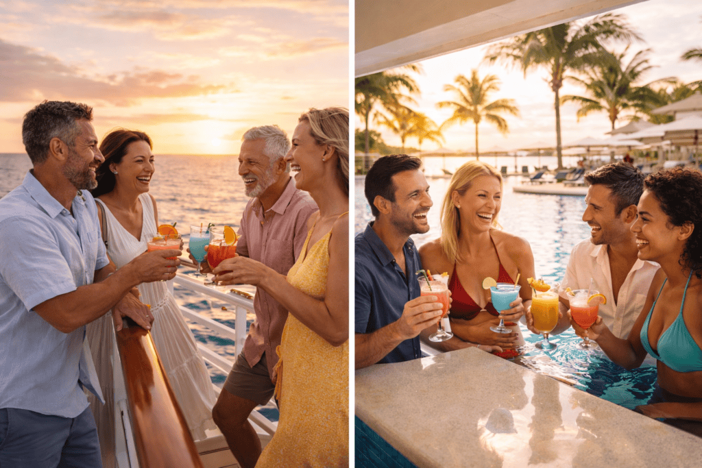 Group of friends on a cruise ship deck versus a group relaxing at a Caribbean all-inclusive resort pool
