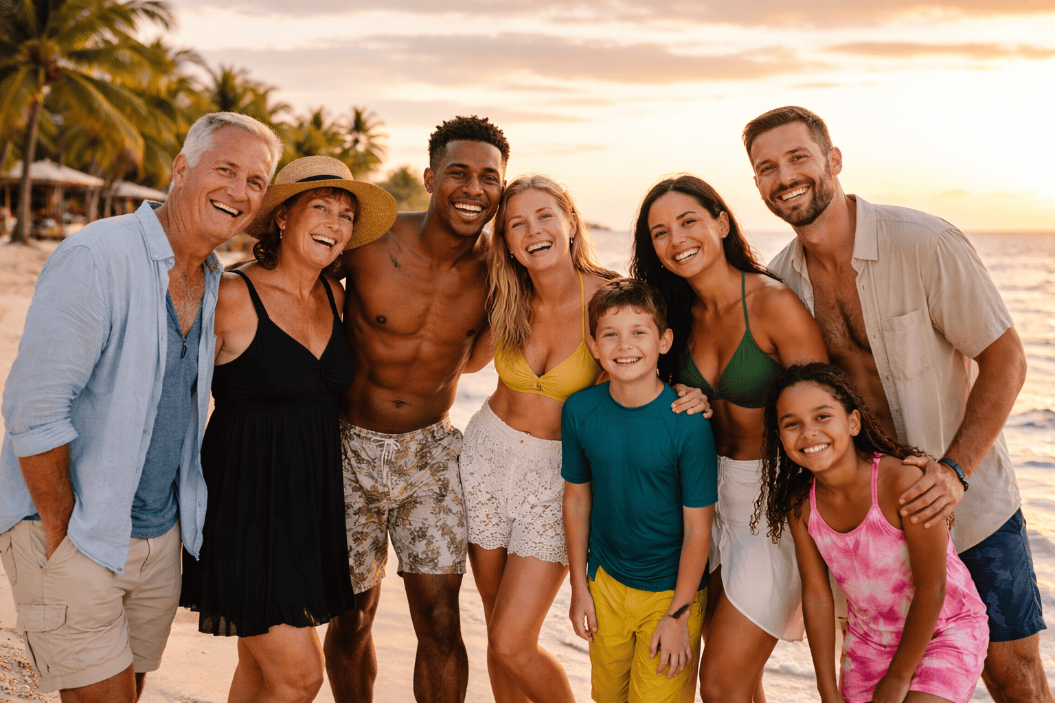 Happy group of friends celebrating on a tropical beach at sunset