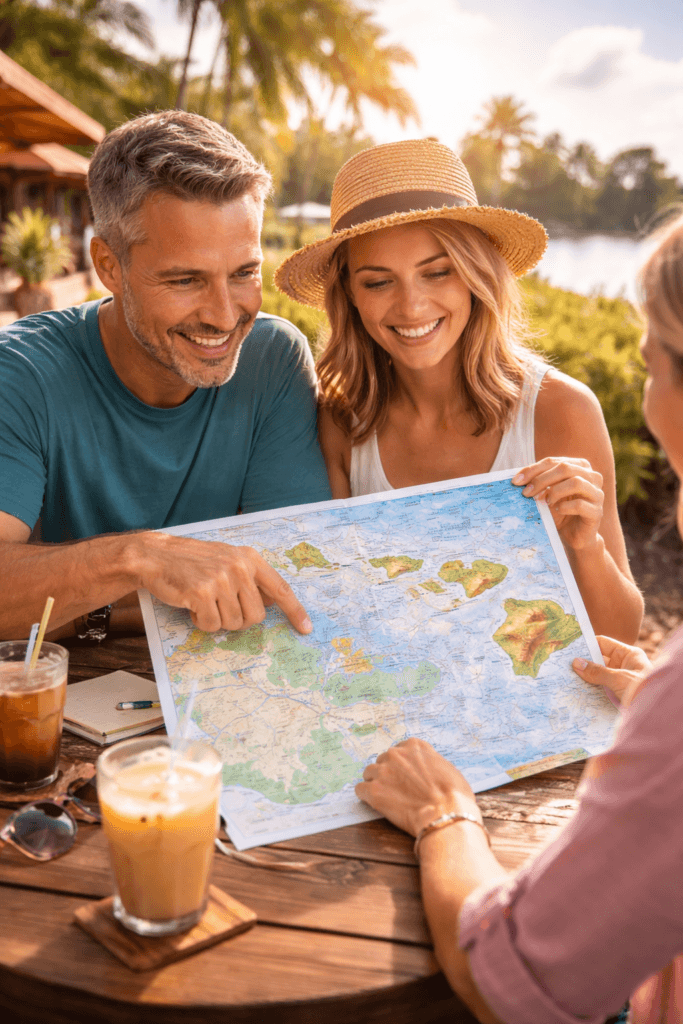 A couple reviewing a Hawaii travel map and itinerary while planning an island hopping trip