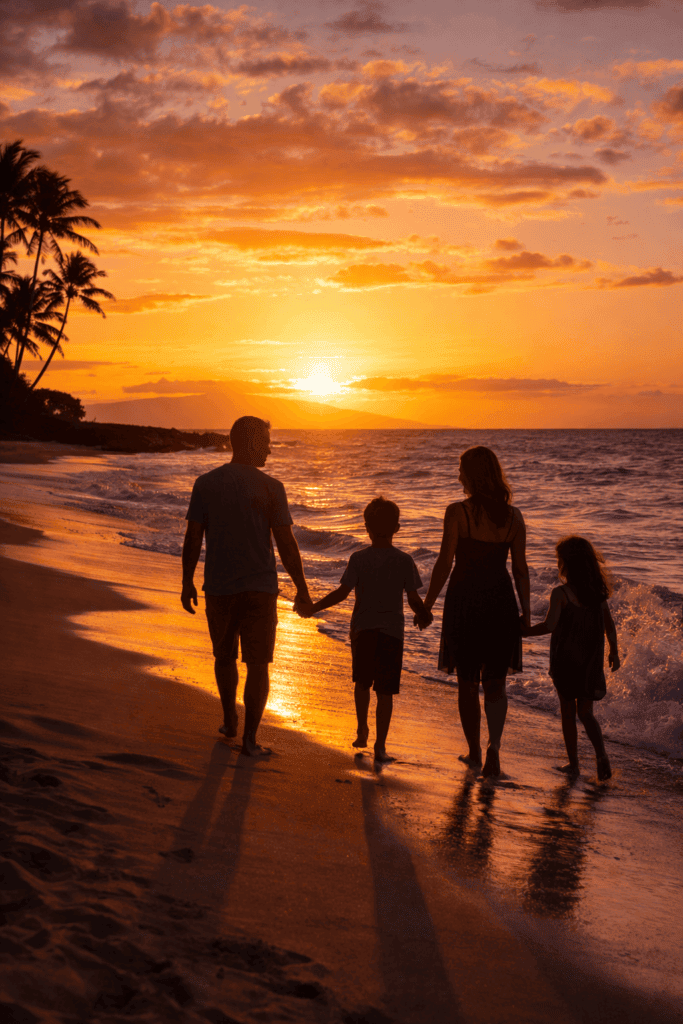 Family silhouetted walking along a beautiful Hawaiian beach at golden hour sunset, representing a dream Hawaii vacation