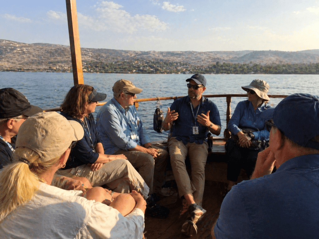 Church pilgrimage group on a boat on the Sea of Galilee in Israel