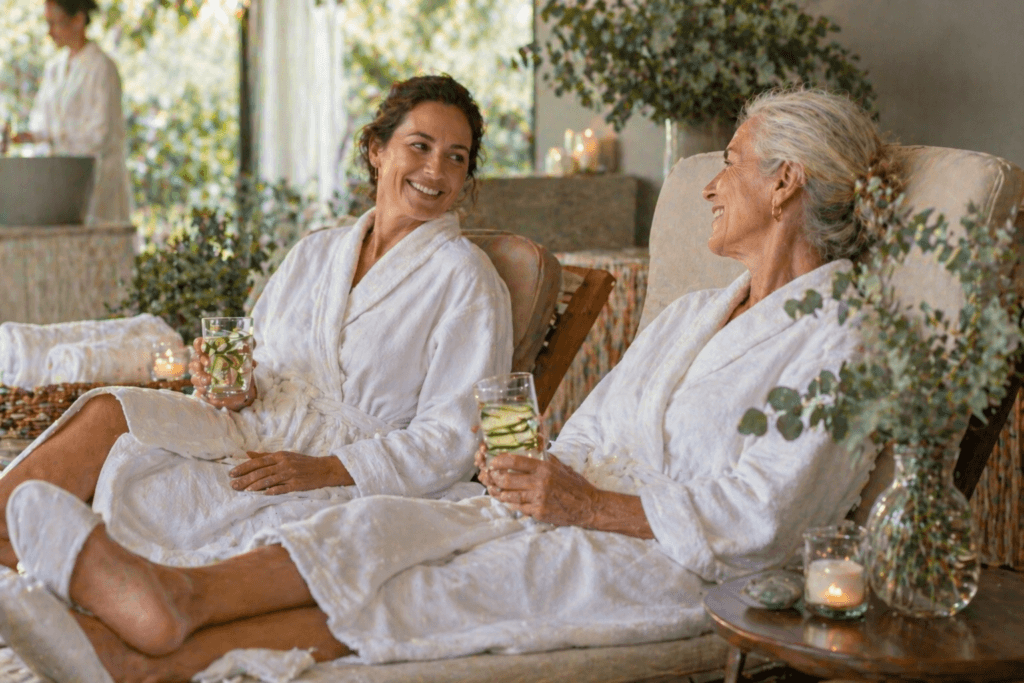 Two women at a luxury spa in robes during a mother daughter weekend getaway
