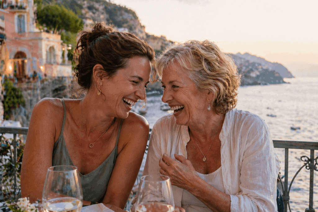 Adult daughter and mother laughing together on a sunlit beach vacation