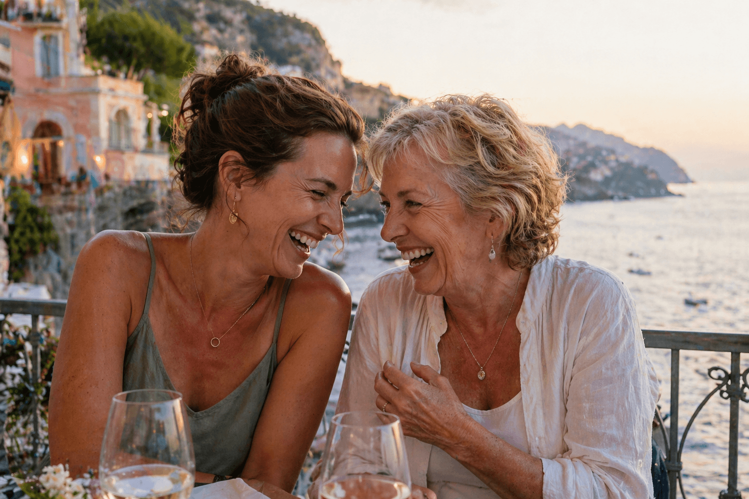 Adult daughter and mother laughing together on a sunlit beach vacation
