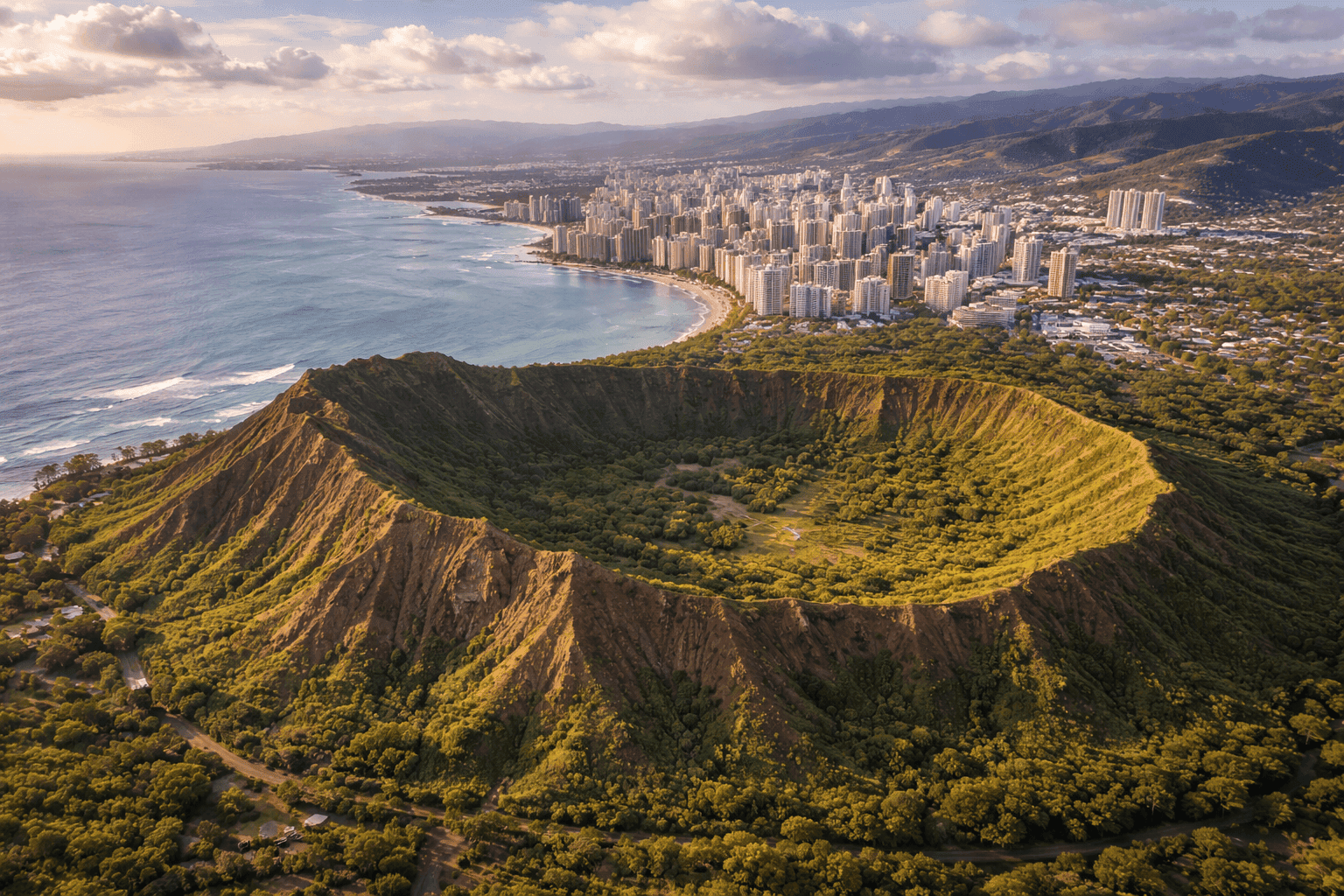 Aerial view of Diamond Head volcanic crater with Waikiki Beach and the Honolulu skyline in the background, Oahu, Hawaii