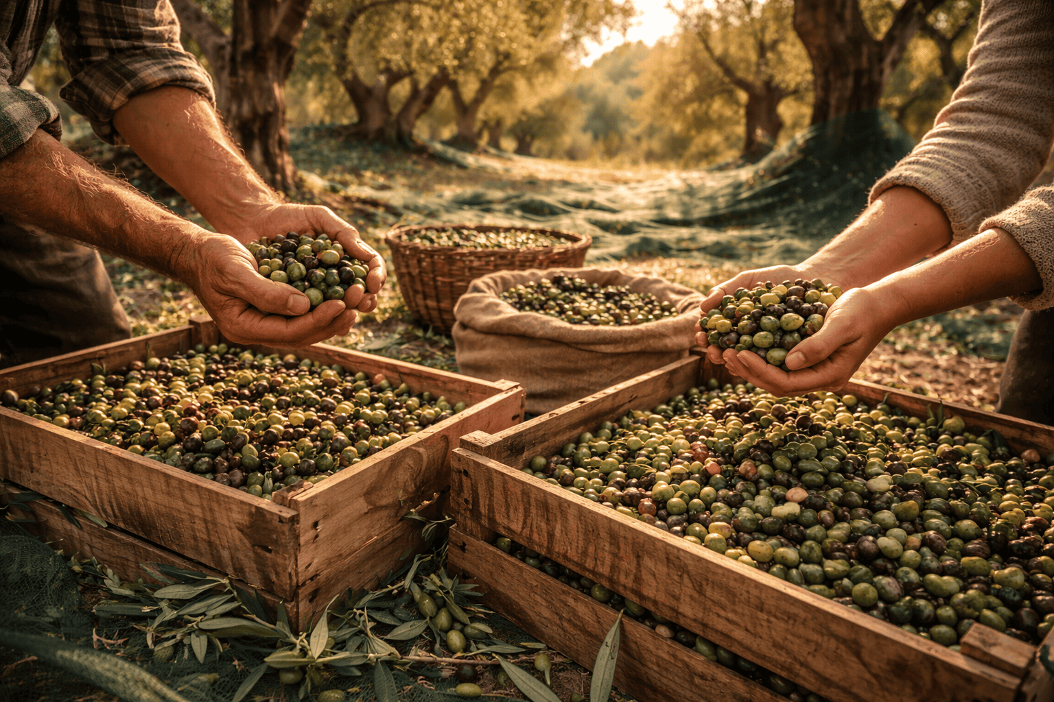 Farmer harvesting olives from ancient trees in Puglia, Italy during October harvest season