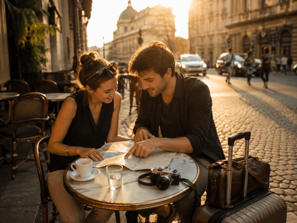 Couple planning a 2026 European vacation at a café with maps and travel guides