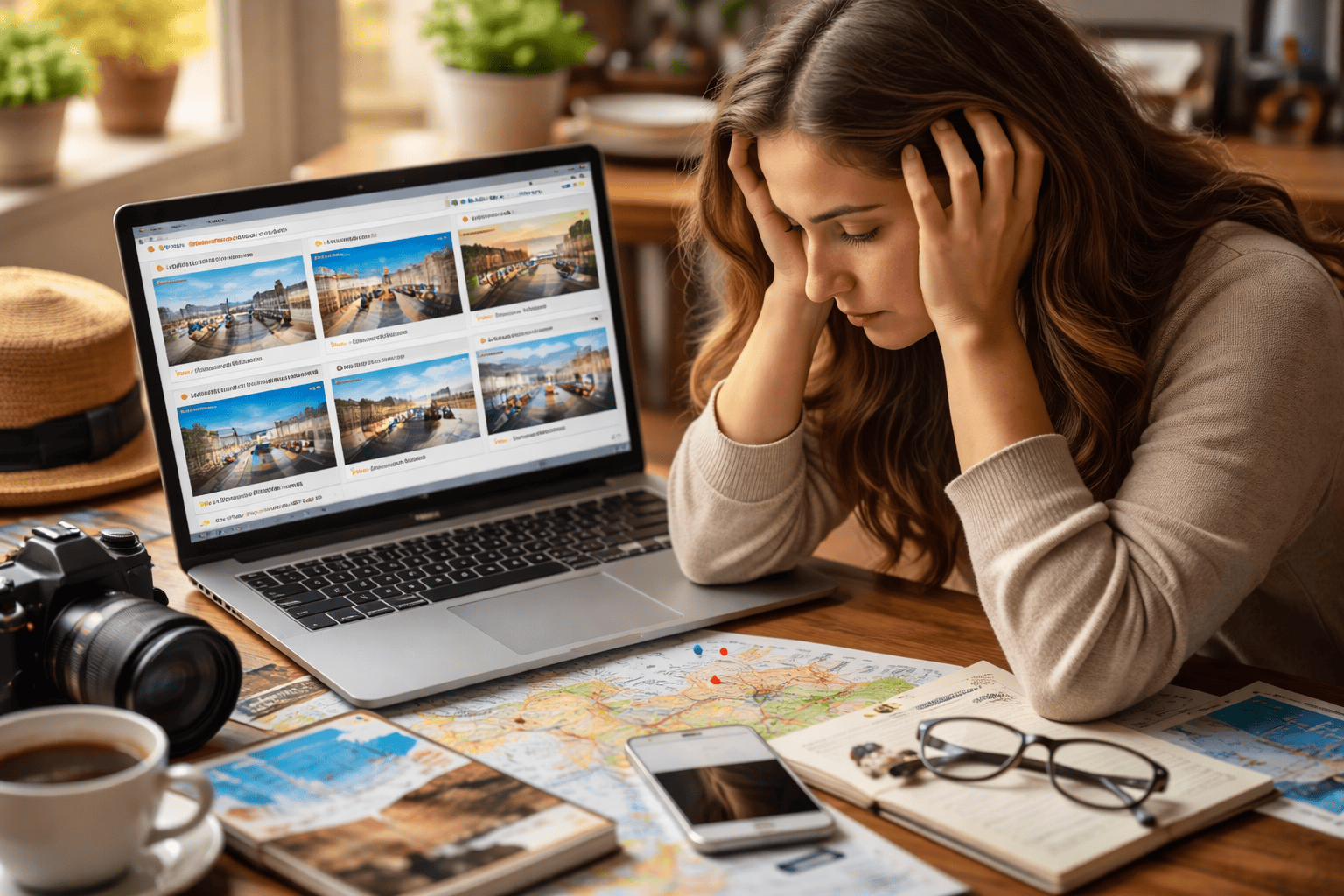 planning a trip to Europe overwhelmed travel research laptop tabs