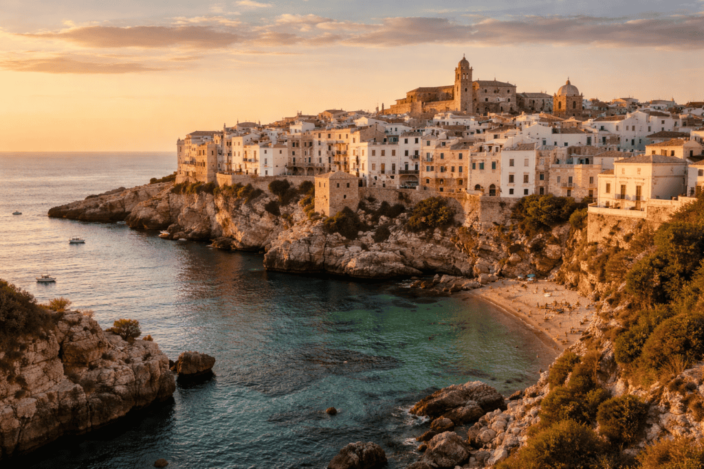 Whitewashed Puglian hilltop town overlooking the Adriatic Sea at golden hour in October