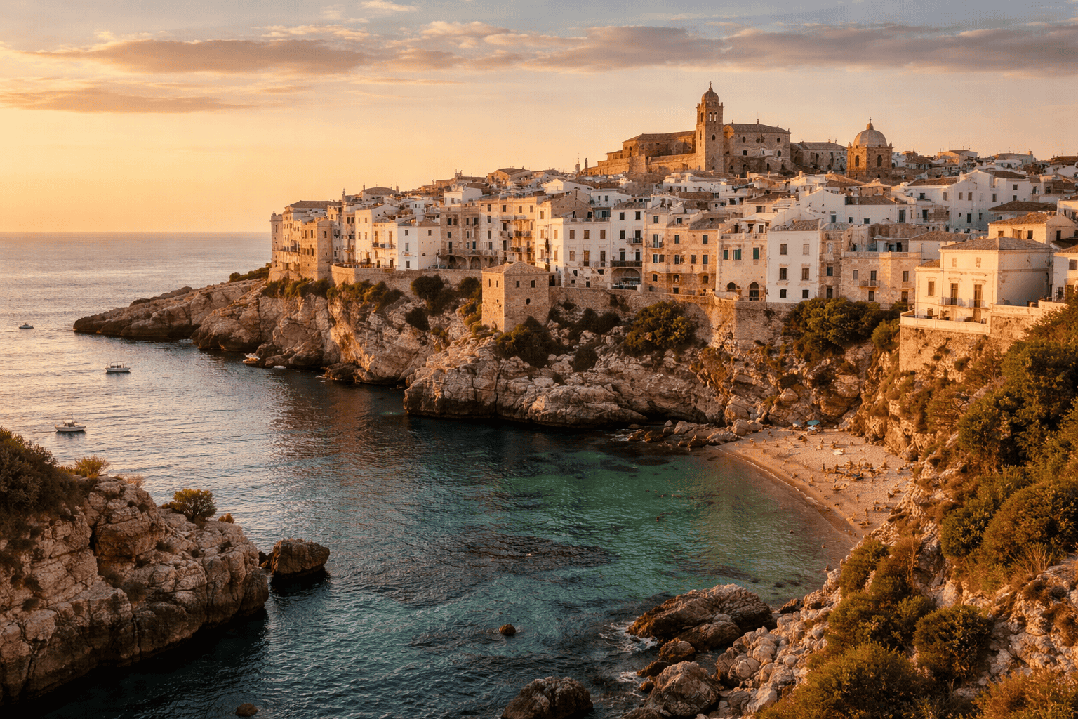 Whitewashed Puglian hilltop town overlooking the Adriatic Sea at golden hour in October