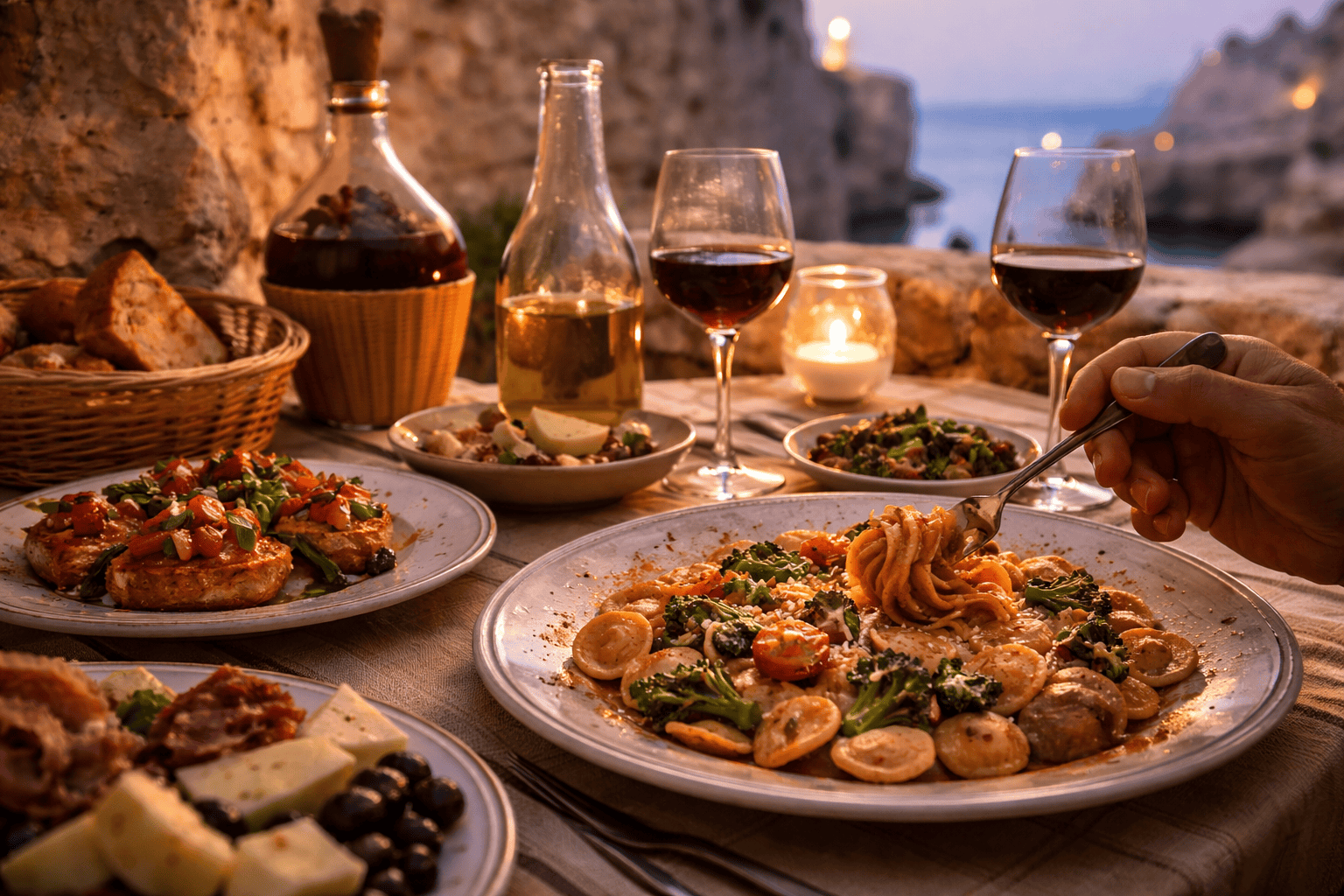 Plate of fresh orecchiette pasta and local wine on a trattoria table in Puglia, Italy