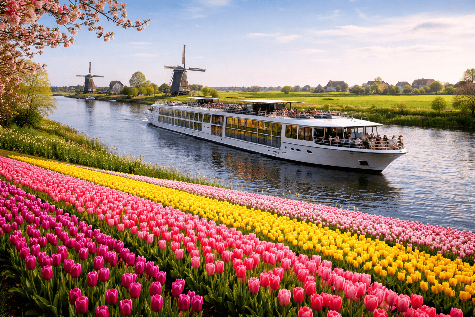 Rhine river cruise during tulip season Netherlands spring