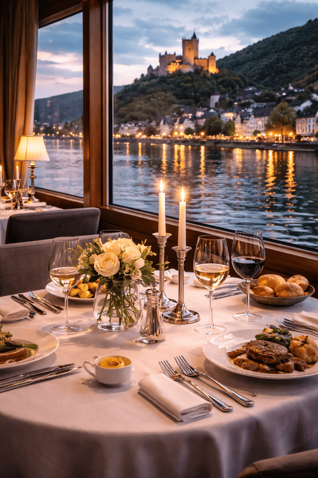 Elegant onboard dining on a European river cruise with wine and regional cuisine