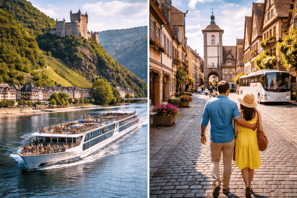 River cruise ship on the Rhine River next to travelers exploring a European city on a guided land tour