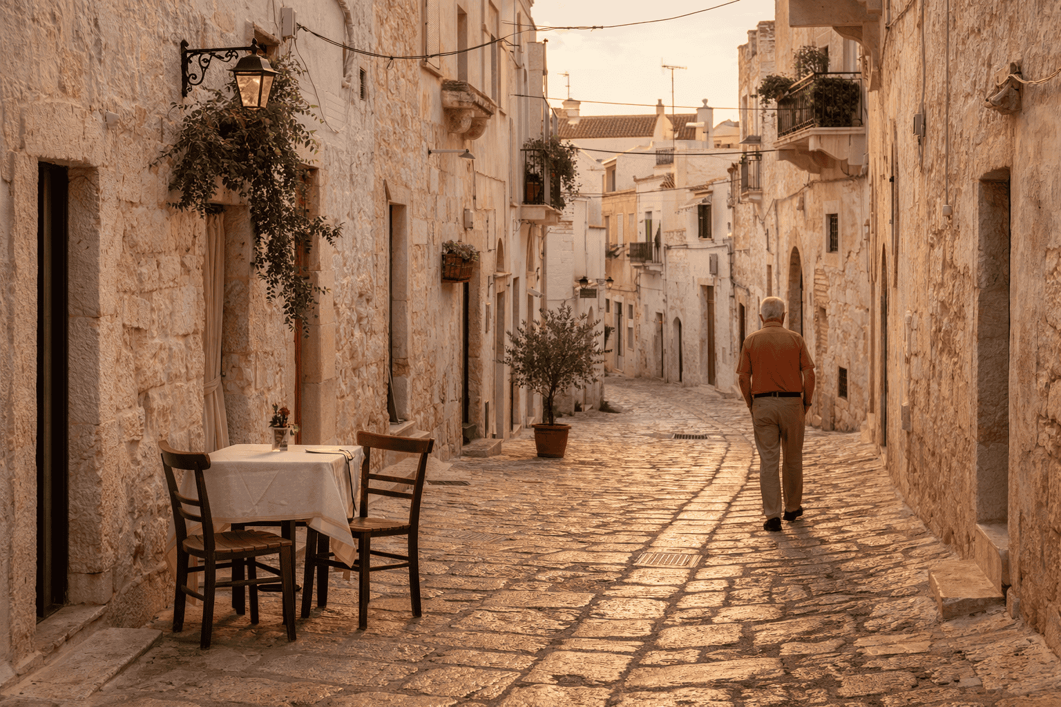 Quiet cobblestone street in a Puglian village during shoulder season with no tourists