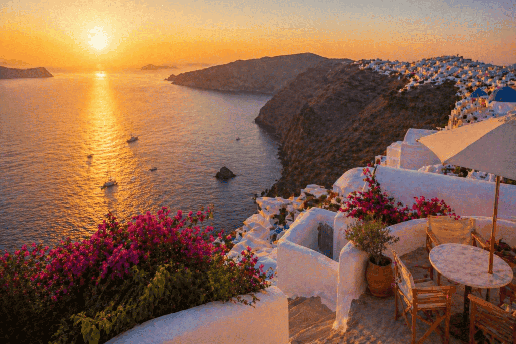 Aerial view of a Mediterranean coastline at golden hour, evoking summer 2026 travel planning
