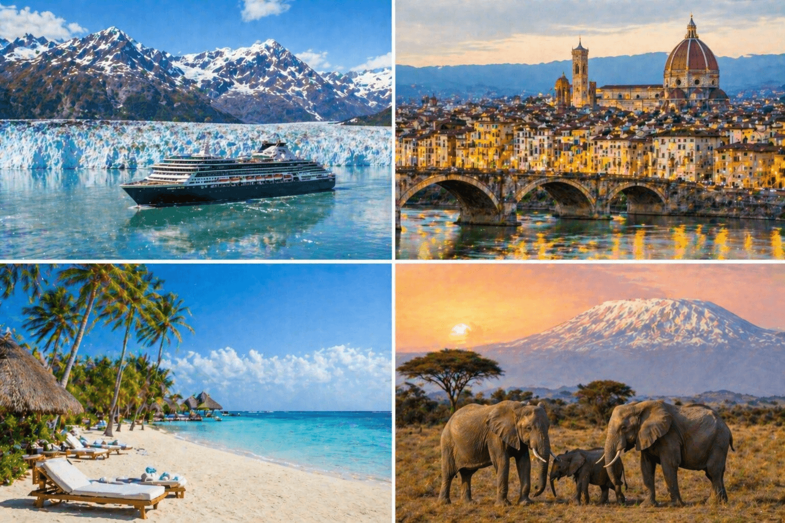 Four-image collage showing summer travel trip types: cruise ship, European street, tropical beach, and African safari landscape.