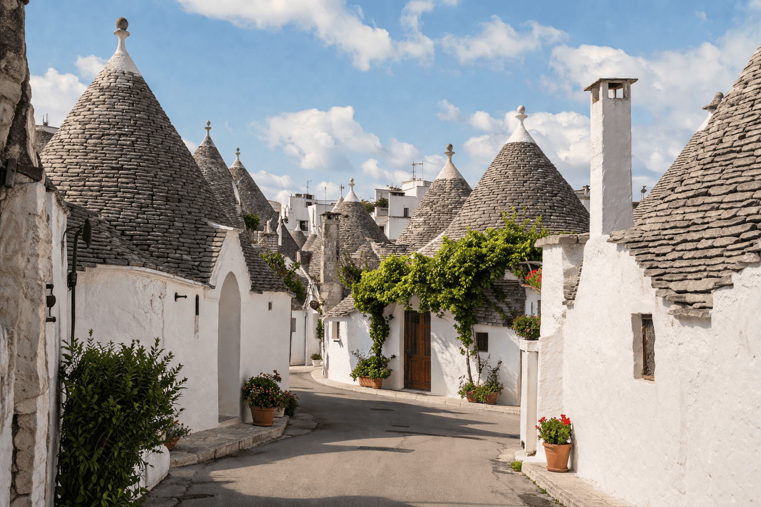 Traditional cone-roofed trulli houses in Alberobello, Puglia lit by late afternoon October sun