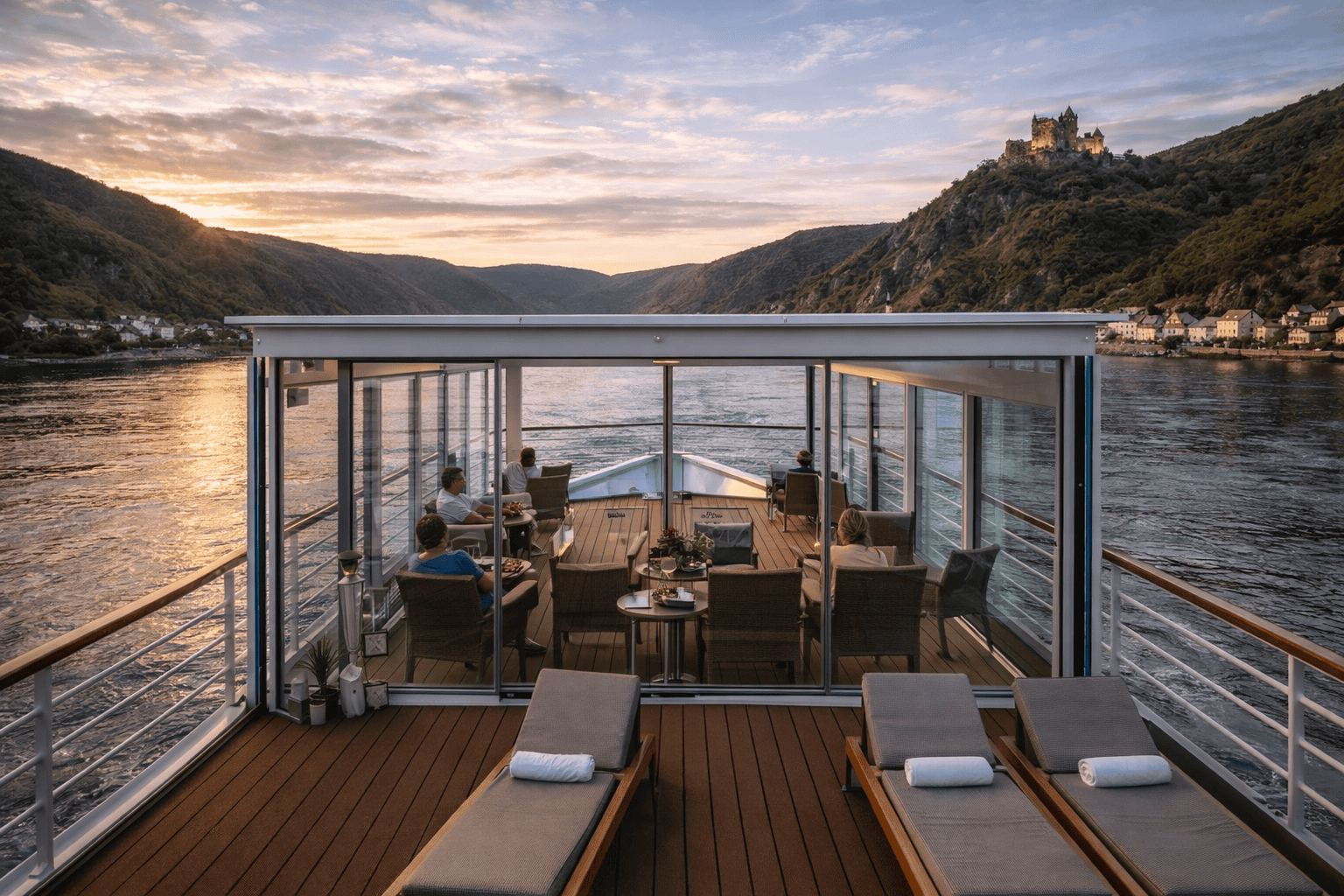 The glass-enclosed Aquavit Terrace at the bow of a Viking River Cruises longship sailing through Europe