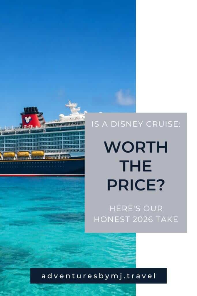 
A Disney Cruise Line ship sailing on calm turquoise Caribbean waters under a bright blue sky, photographed from a distance