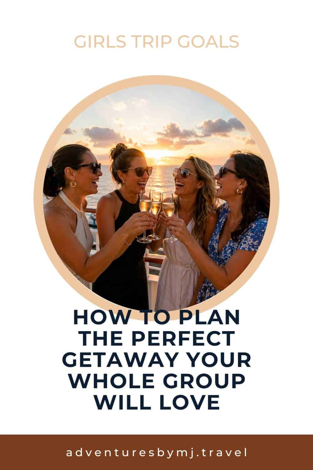 
Four women friends laughing and raising glasses of champagne together on a cruise ship deck at sunset, ocean in the background