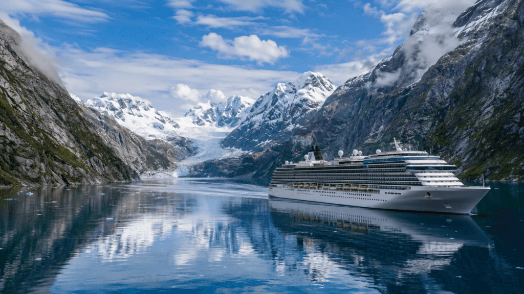 Alaska cruise ship sailing through a glacial fjord with snow-capped mountains in 2026