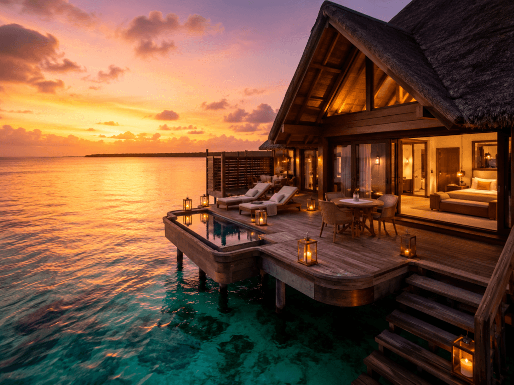 Couple toasting champagne at sunset on a beach, illustrating the best honeymoon destinations for 2026.