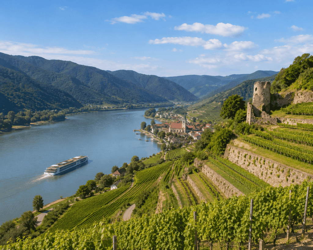 The Danube River winding through the Wachau Valley wine region in Austria, lined with terraced vineyards on a sunny afternoon