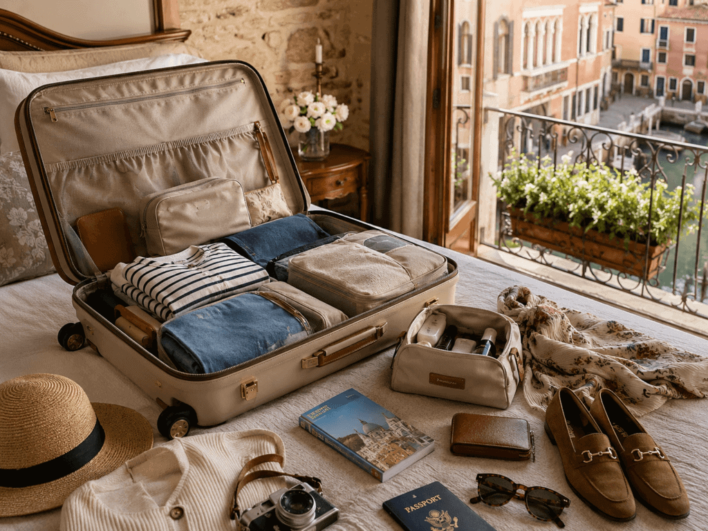 Open suitcase with neatly packed travel clothes for a European river cruise