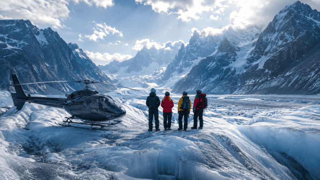 Helicopter landed on Alaska glacier during cruise excursion with passengers on the ice