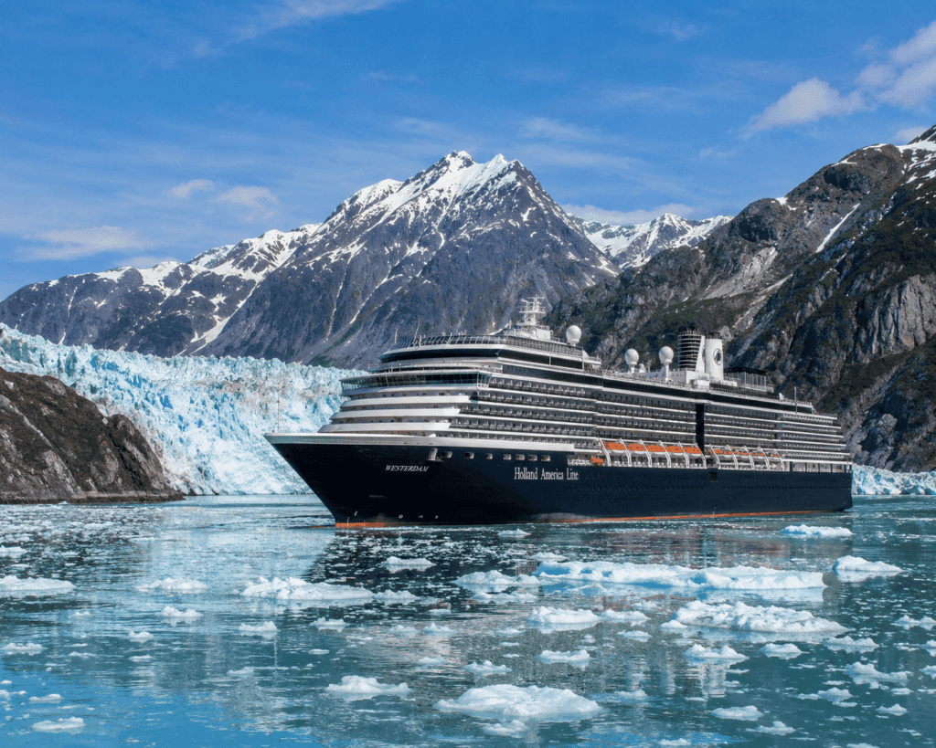 Holland America cruise ship in Glacier Bay National Park, Alaska, surrounded by floating ice