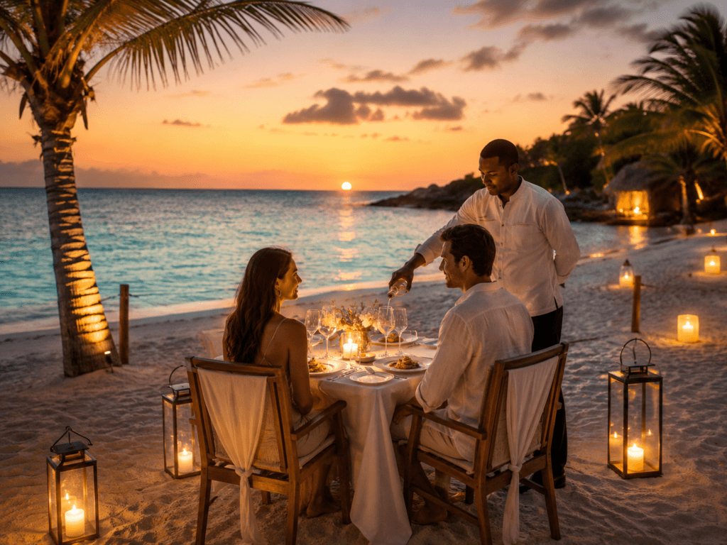 Romantic candlelit beach dinner for two at an adults-only honeymoon all-inclusive resort.