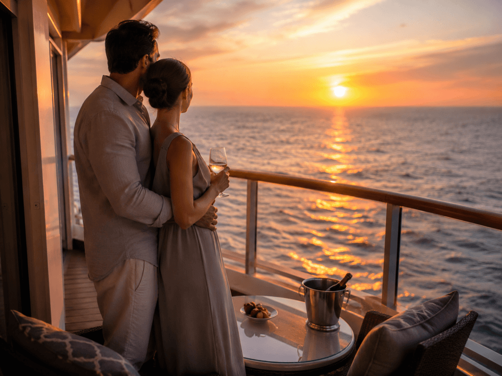 Couple watching the sunset from a private balcony aboard a romantic honeymoon cruise.