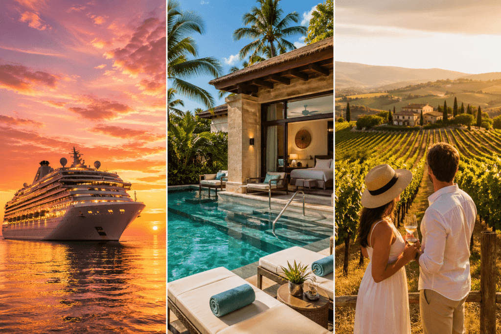 Side-by-side honeymoon options: cruise ship balcony, all-inclusive swim-up suite, and a private custom tour in Italy.