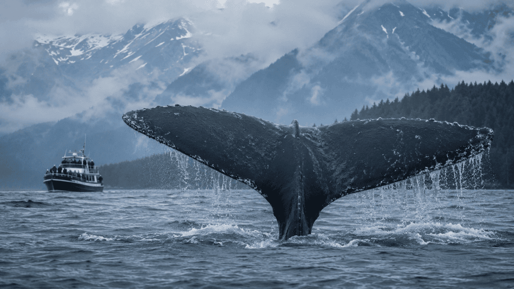 Humpback whale breaching near Juneau Alaska on an Alaska cruise shore excursion