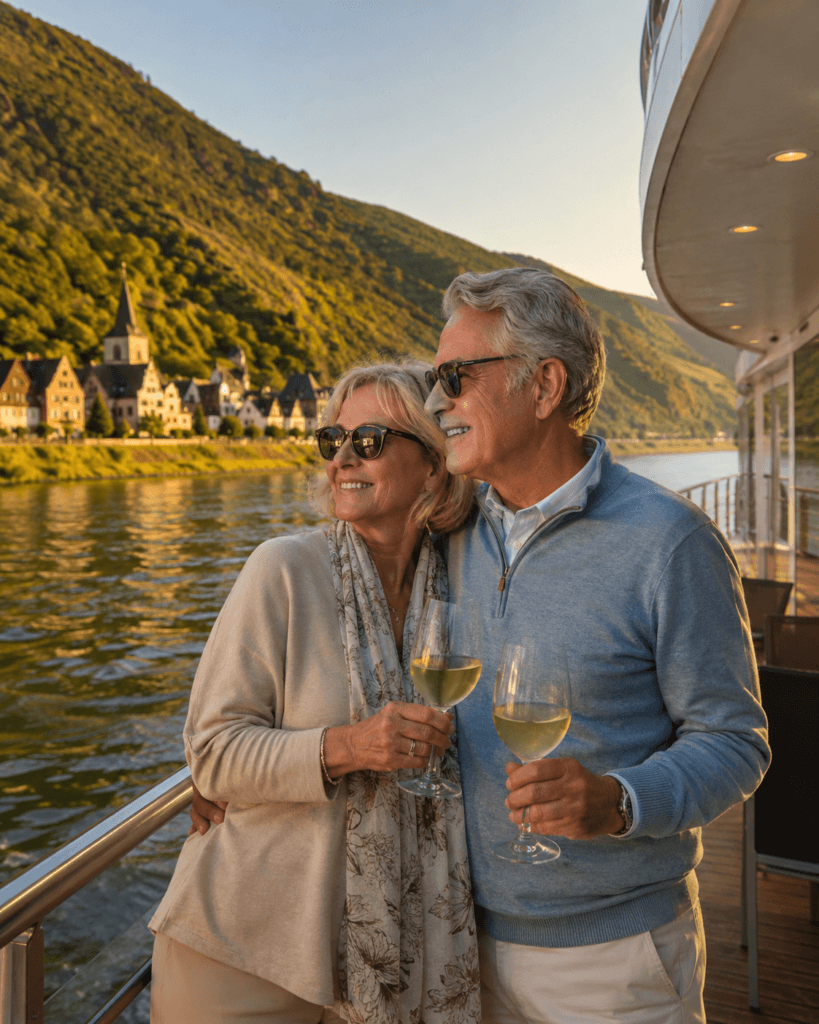 Couple enjoying wine on a European river cruise ship sun deck at sunset