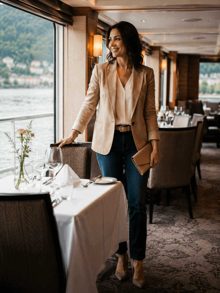 Smart casual outfit for river cruise dinner — nice jeans, blouse, and flats