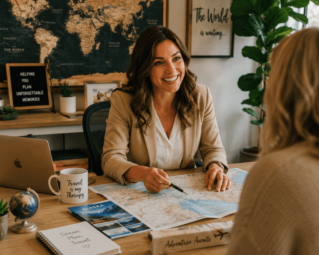 Travel advisor planning an international trip itinerary with a client