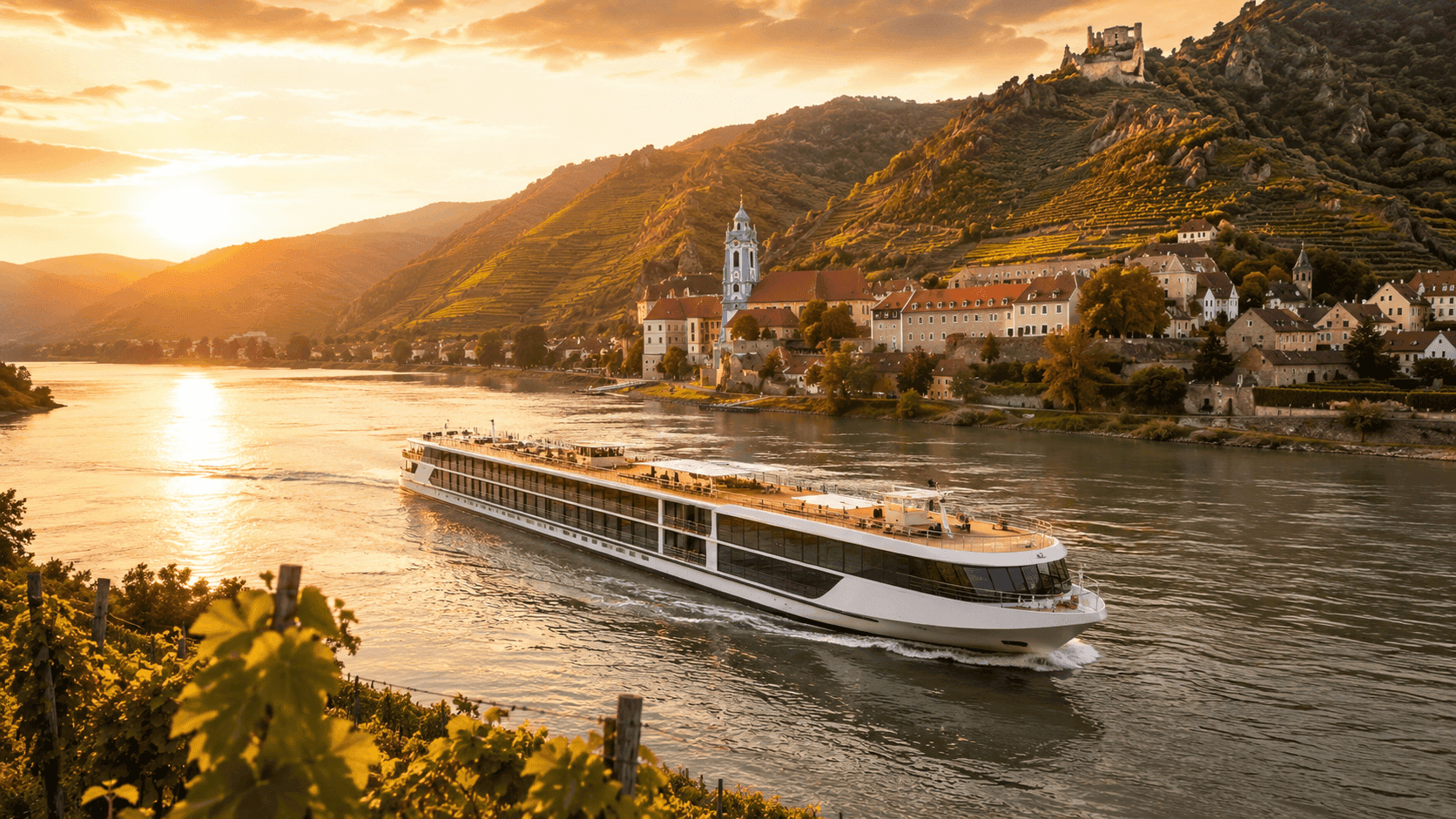 Viking vs AmaWaterways river cruise ship sailing through the Wachau Valley on the Danube at sunset