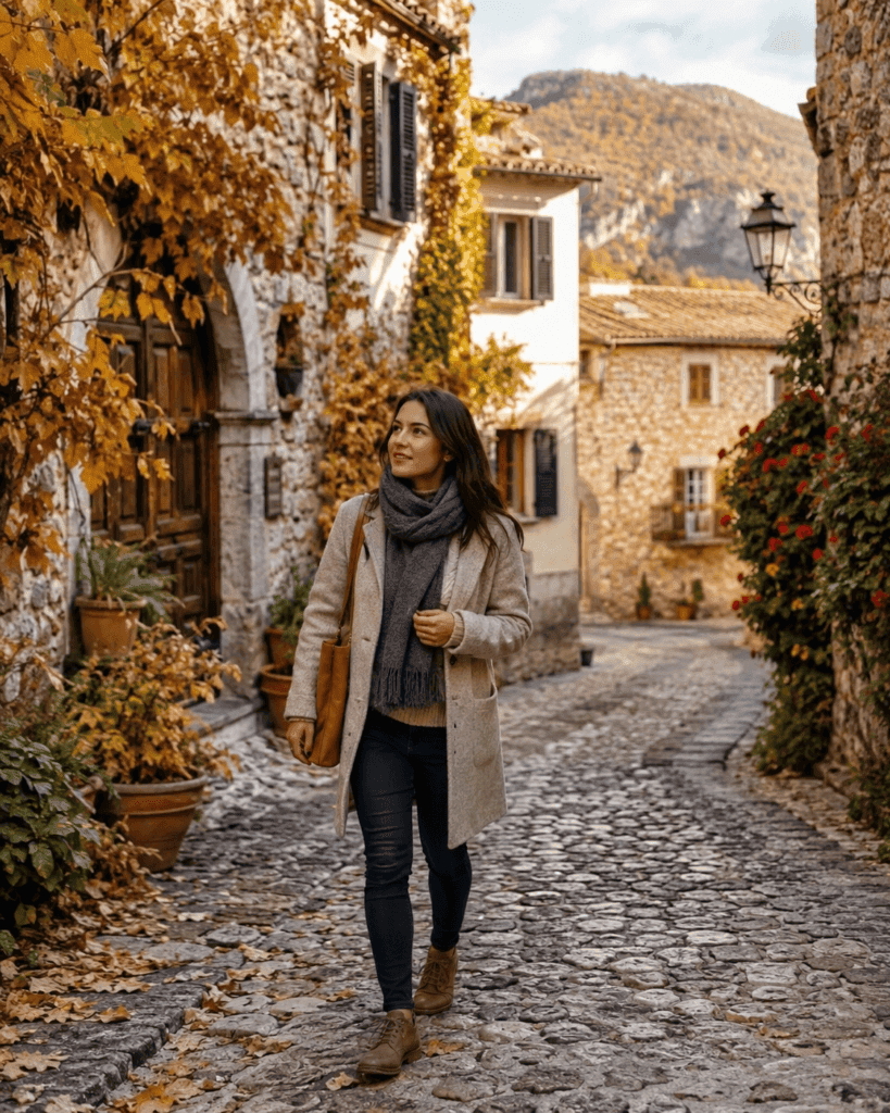 Woman in smart casual fall layers walking on European cobblestone street — what to wear on a river cruise in fall