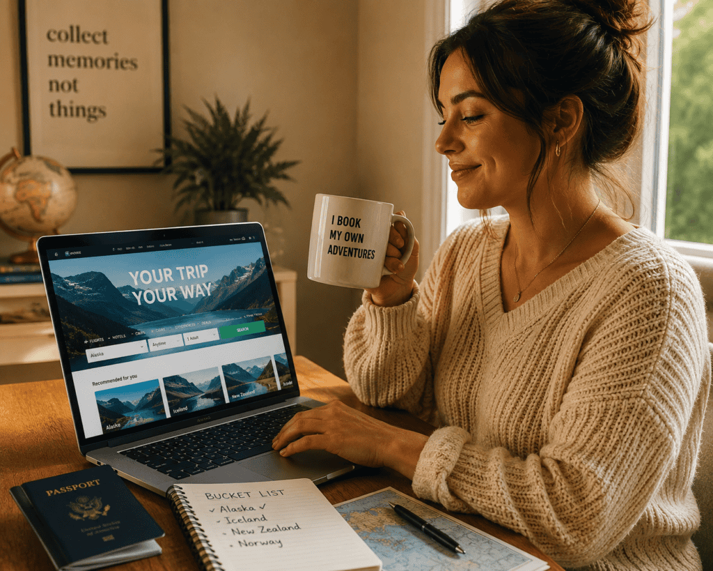 Person booking travel online on a laptop — when you don't need a travel agent